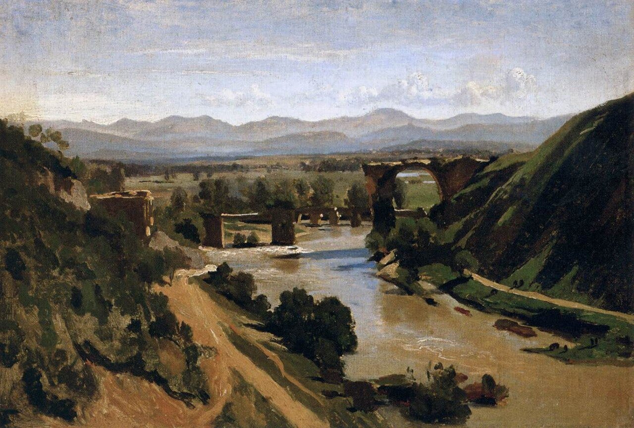 A ruined Roman stone bridge in a river valley in silvery light A ruined Roman stone bridge in a river valley in silvery light