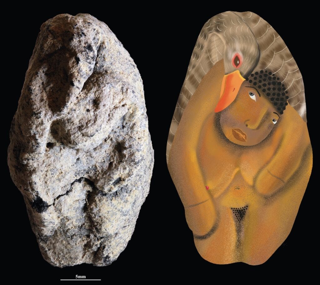 Photograph (left) and artistic reconstruction (right) of a Natufian clay figurine depicting a woman with a goose enveloping her