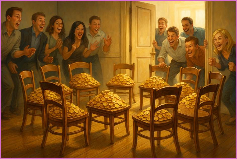 A group of people standing around chairs with stacks of gold coins

AI-generated content may be incorrect.
