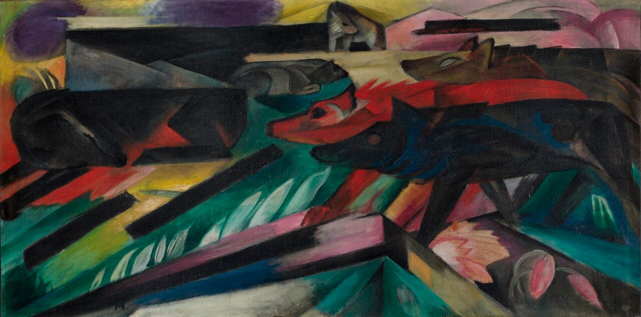 Angular wolves pushing across a jagged dark landscape