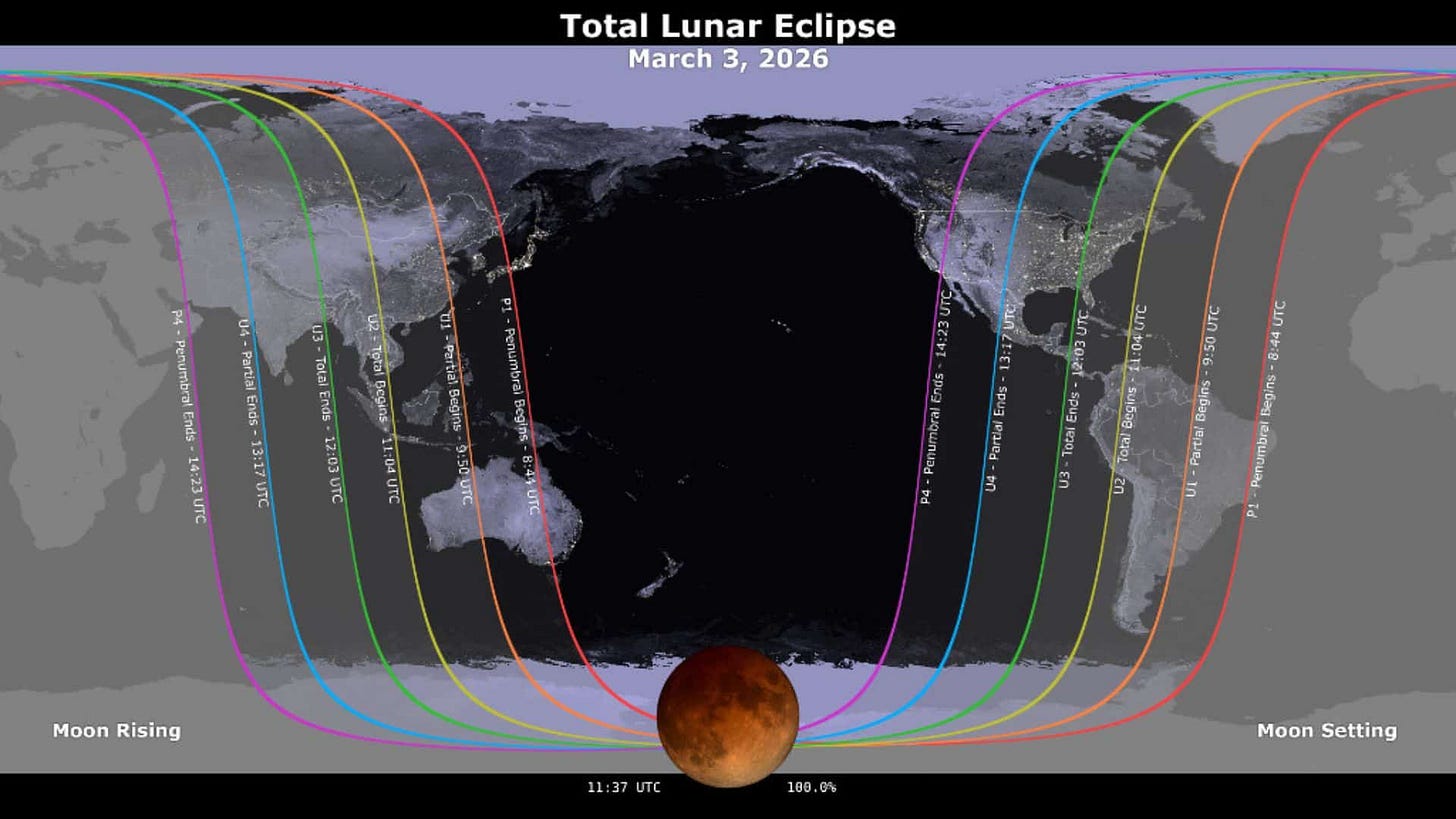 Visibility map of the total lunar eclipse on March 3, 2026