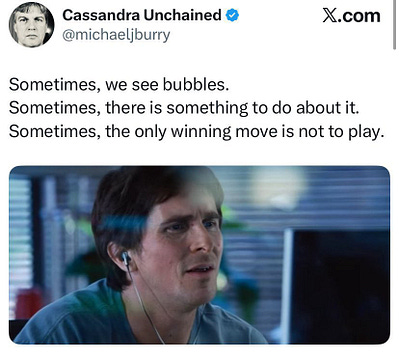 Screenshot of a tweet by Michael J. Burry featuring text Sometimes we see bubbles. Sometimes there is something to do about it. Sometimes the only winning move is not to play. Below the text is a still image from a movie showing a man with brown hair wearing headphones sitting in front of computer monitors in a dimly lit room with blue lighting.