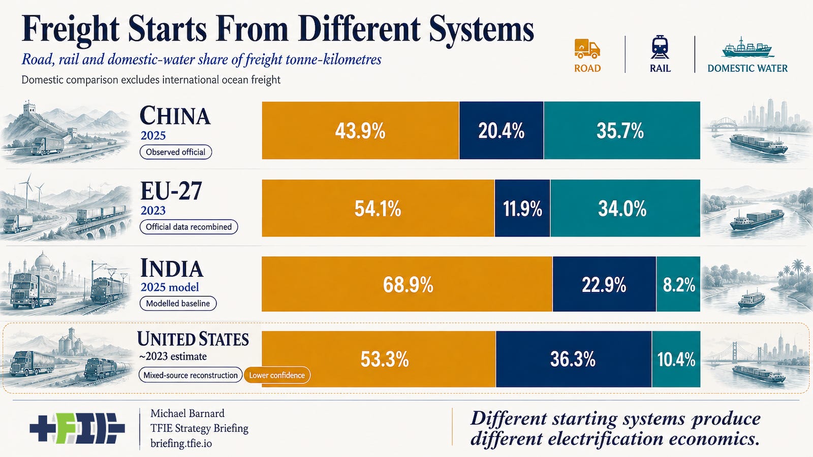 Stacked bars compare road, rail and water freight shares across four major geographies.
