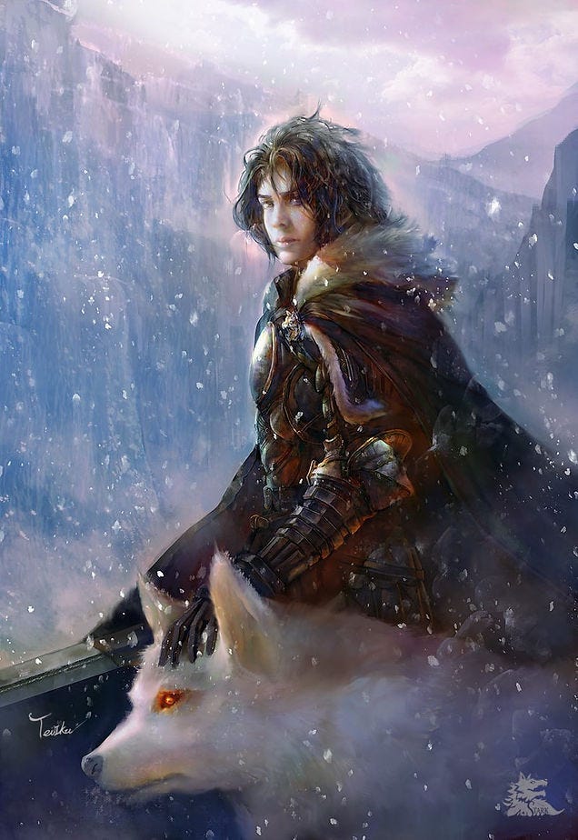 A warrior in armor, with a fur cloak, stands in snow, petting a white wolf with glowing eyes. Snowfall and mountains fill the icy background. A warrior in armor, with a fur cloak, stands in snow, petting a white wolf with glowing eyes. Snowfall and mountains fill the icy background.