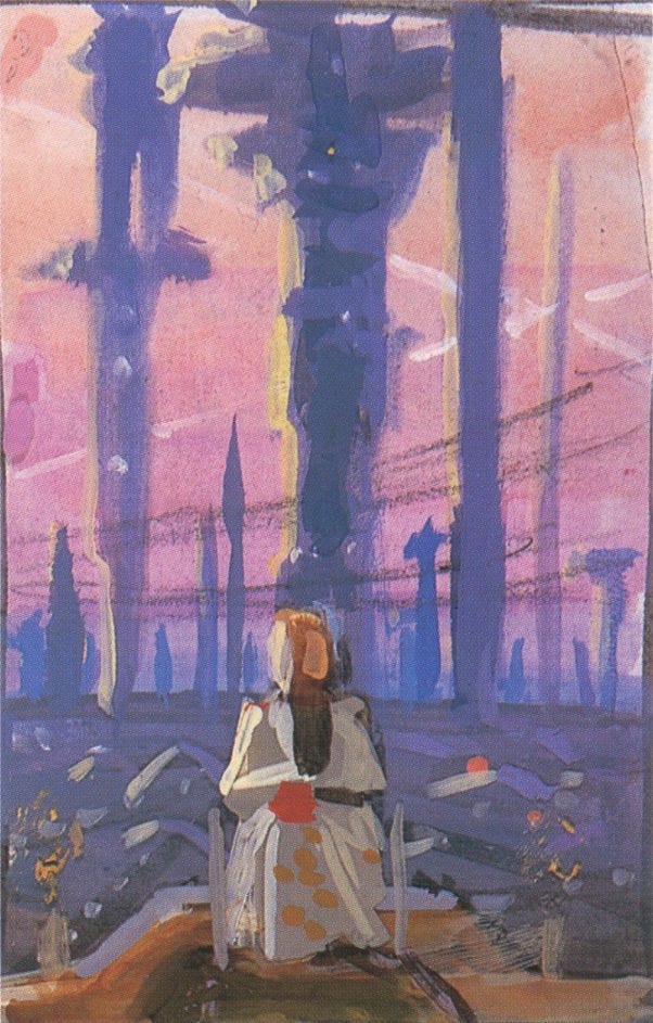 Loose color study for HARI featuring a figure in wheelchair seated on a platform overlooking a gray landscape with tall towers climbing pink sky. Loose color study for HARI featuring a figure in wheelchair seated on a platform overlooking a gray landscape with tall towers climbing pink sky.
