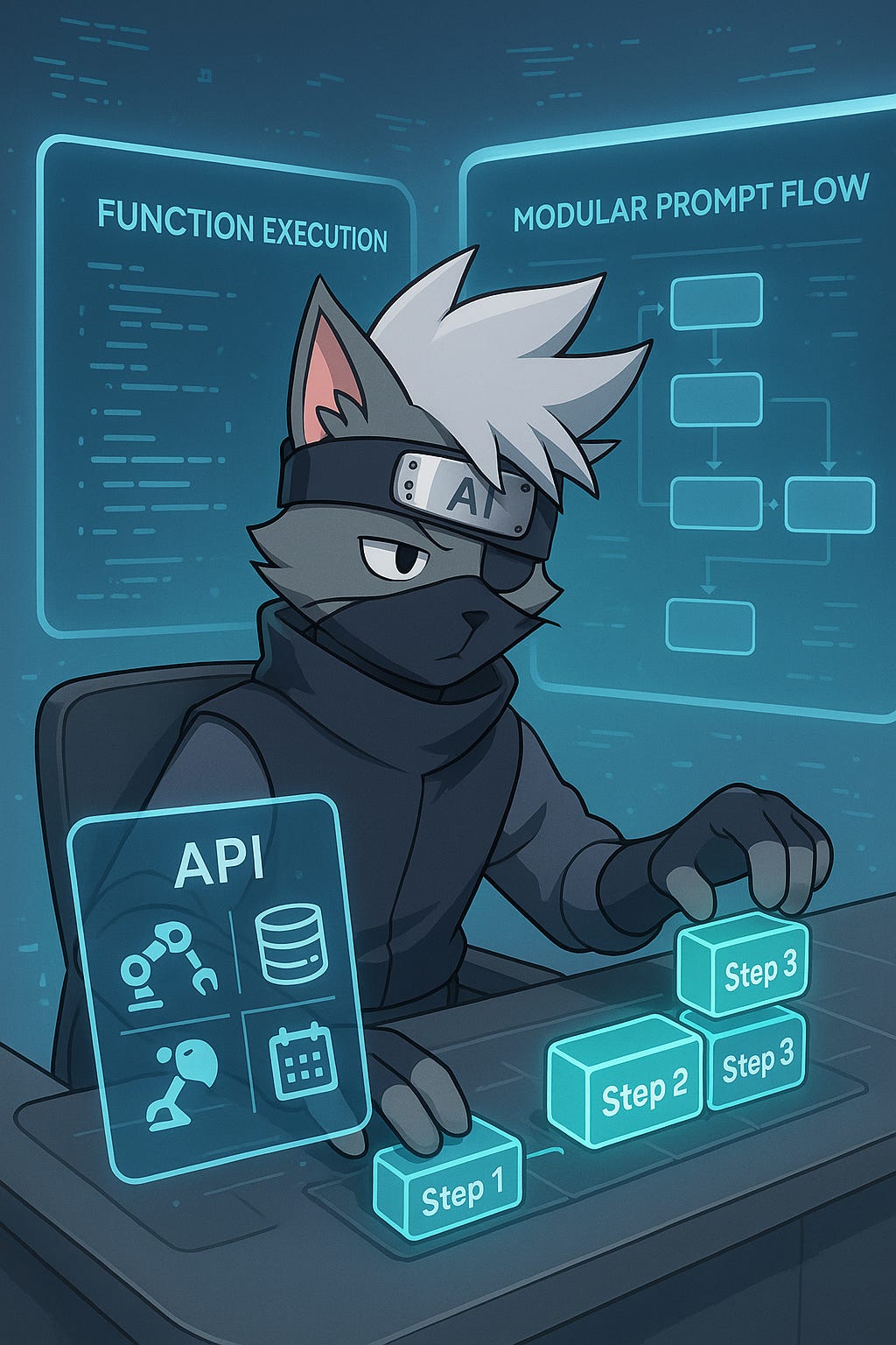 Cartoon cat in a ninja headband operating a futuristic AI dashboard, using function calling tools on one side and rearranging modular prompt blocks on the other. Represents the difference between function calling and modular prompting (MCP).