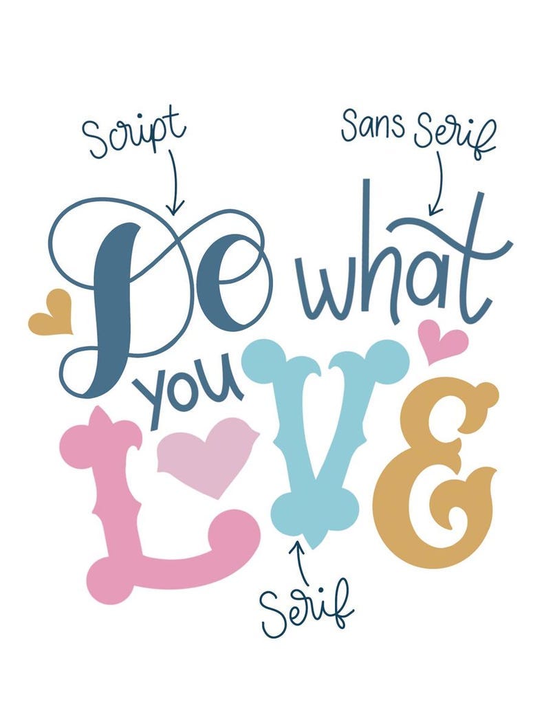 May include: A graphic design illustration of the phrase "Do what you love" in different font styles. The word "Do" is in a script font, "what" is in a sans serif font, and "love" is in a serif font. The illustration includes hearts in various colors.