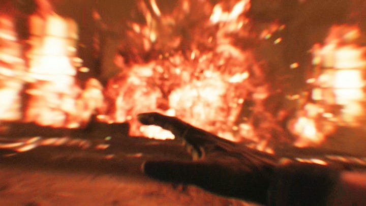 In sequence: de-saturated memory, glitch, explosion, saturated present