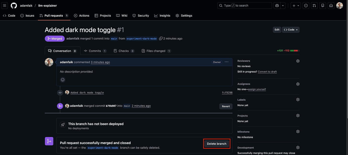 GitHub Pull Request page showing the purple "Merged" status and a red box highlighting the "Delete branch" button.