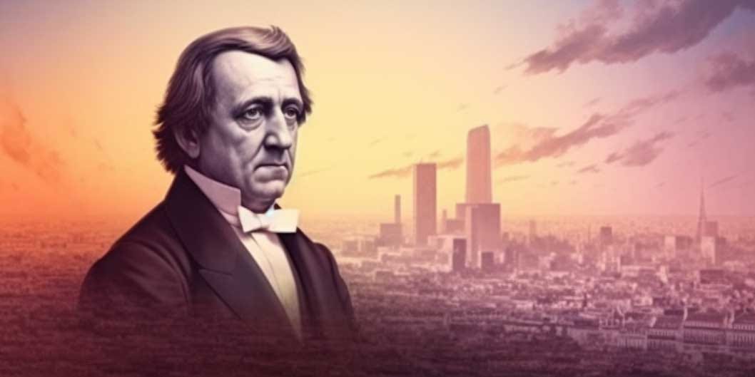An AI generated portrait of Louis Blanc in front of a Paris Skyline