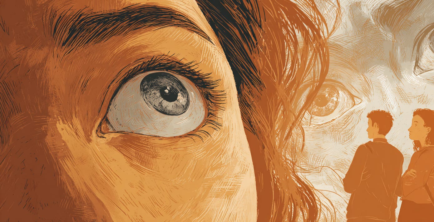 Close-up eye watching two students from a distance, symbolizing perspective taking and looking at a situation from another person’s point of view.