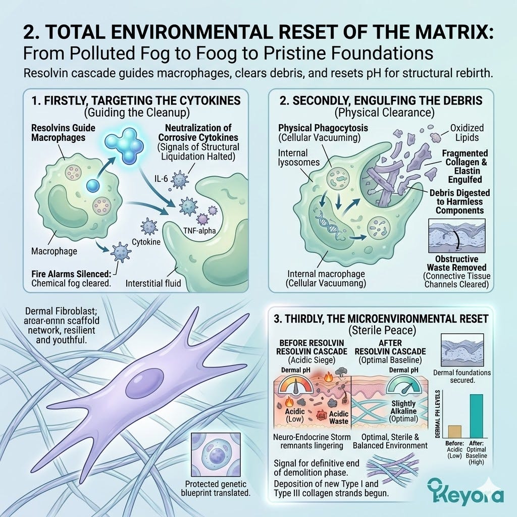Resolvins guide macrophages to neutralize cytokines and phagocytize collagen shards, resetting pH for ATP Synthesis and Neurological Sovereignty. Resolvins guide macrophages to neutralize cytokines and phagocytize collagen shards, resetting pH for ATP Synthesis and Neurological Sovereignty.