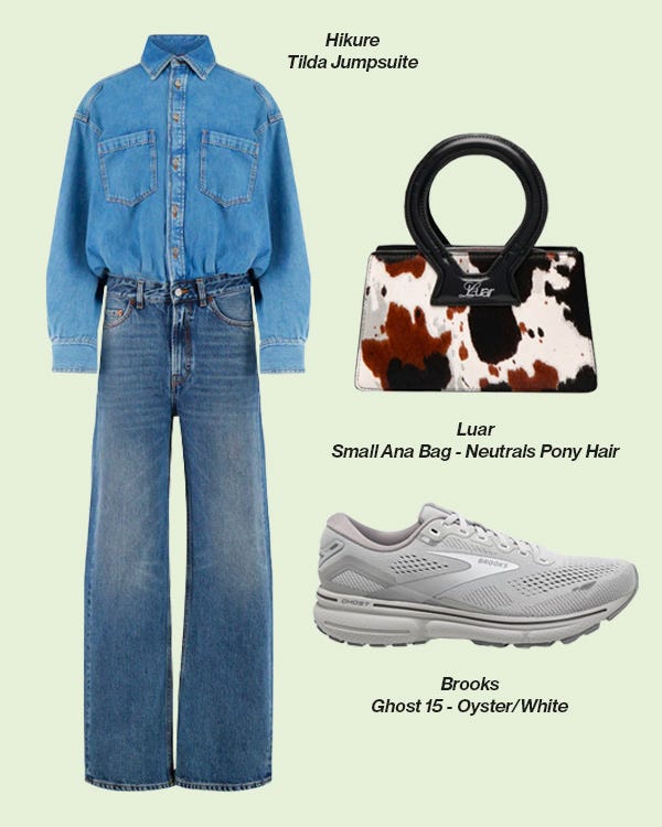 Flatlay image featuring Kaels favourites including the Hikure Tilda Jumpsuit, Luar Small Ana Bag & the Brooks Ghost 15 runners in Oyster/White.