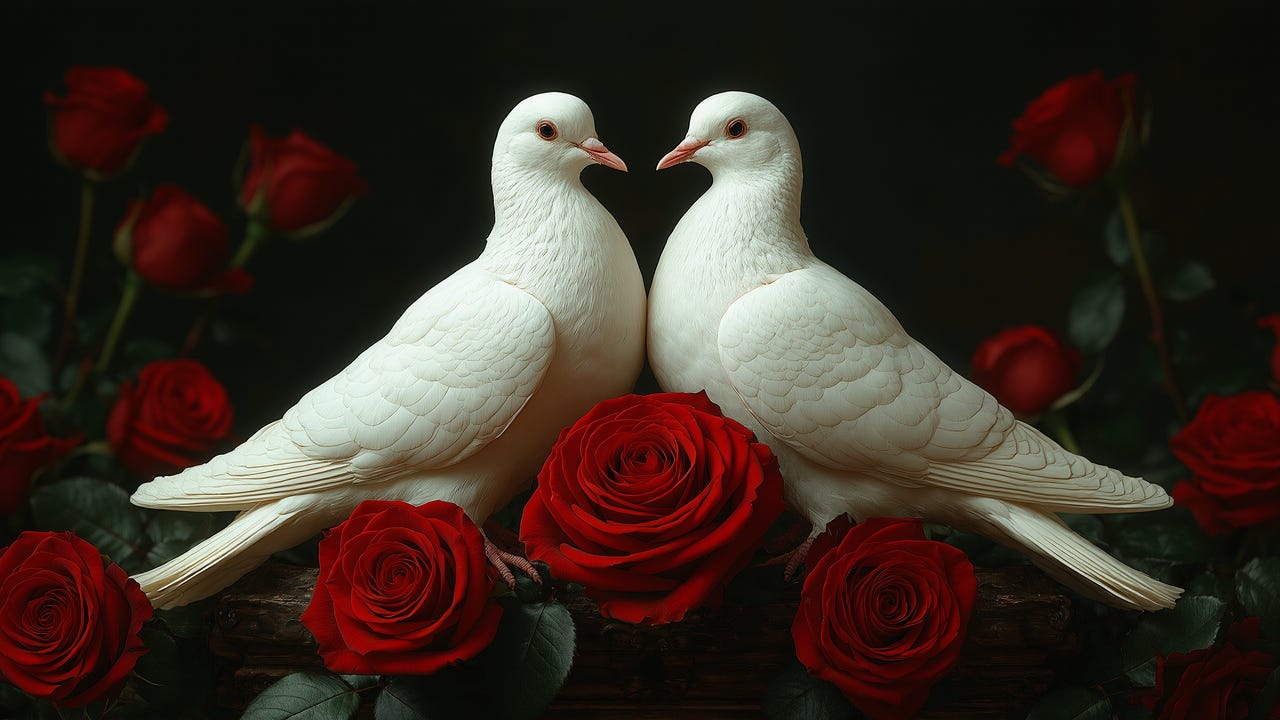 Two white doves facing each other, surrounded by vibrant red roses against a dark background. The doves appear serene and affectionate, symbolizing love and peace. The deep red of the roses contrasts beautifully with the pure white of the doves, creating a striking and romantic composition.