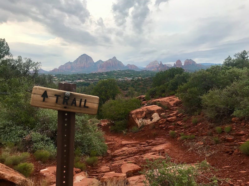 Photo of a hiking trail with a "TRAIL" sign in the foreground