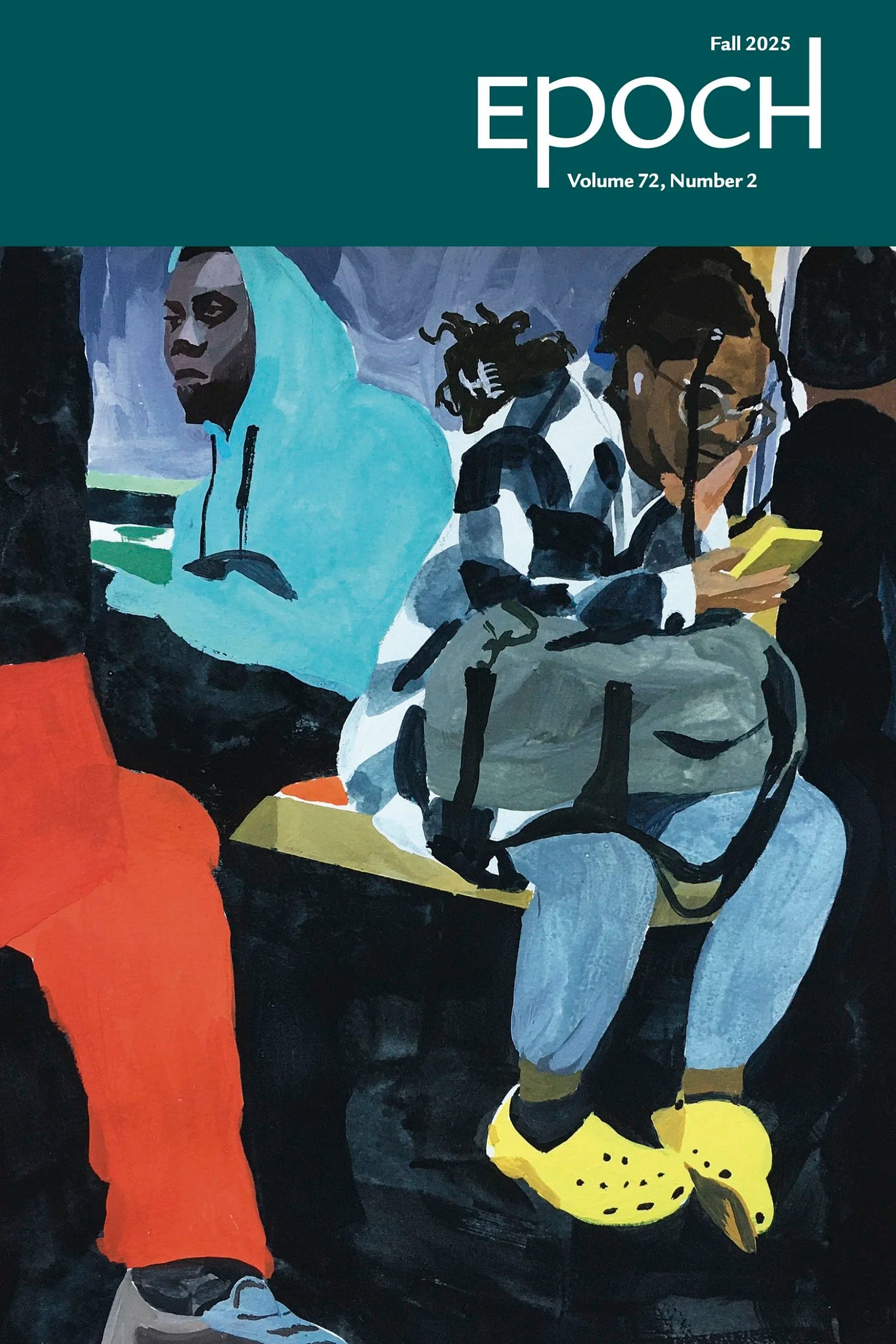 Cover of Epoch’s fall 2025 issue. A painting: two seated figures facing different directions. Based on a peak of orange seating, they appear to be commuting on an older model NYC subway car. Cover of Epoch’s fall 2025 issue. A painting: two seated figures facing different directions. Based on a peak of orange seating, they appear to be commuting on an older model NYC subway car.