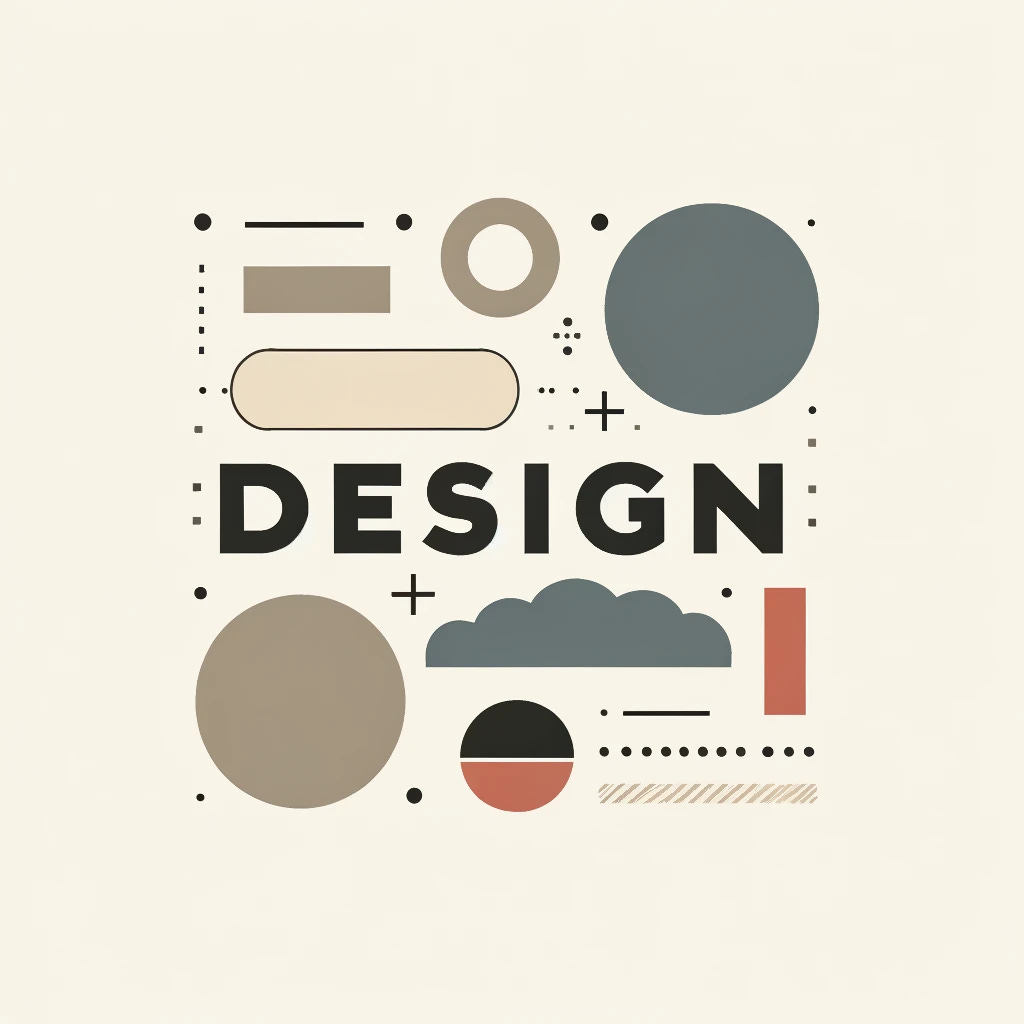 An image featuring the word 'Design' prominently in the center, surrounded by simple design elements such as basic circles and rectangles. The style should be minimalist and clean, using a neutral color palette with some muted colors for the shapes. The overall look should be modern and professional.