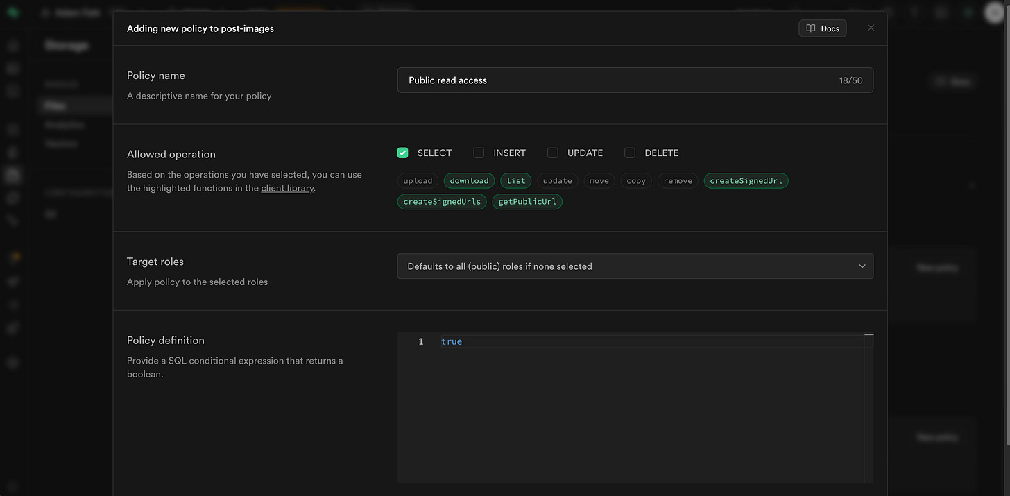 A policy configuration screen shows the select operation enabled and the definition set to true. A policy configuration screen shows the select operation enabled and the definition set to true.