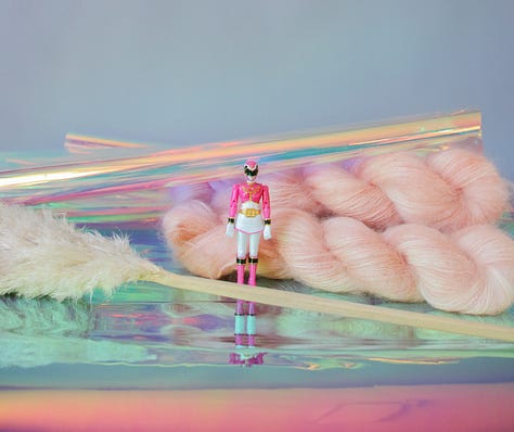 A series of images of colourful yarn with a surrealist, sci fi, and vintage aesthetic.