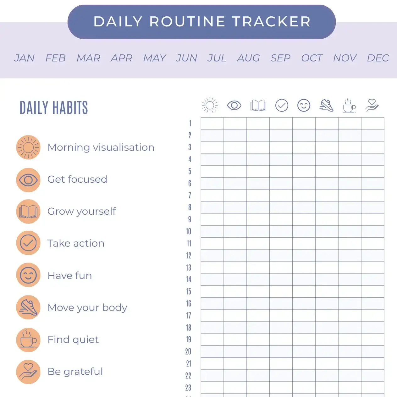 Daily Routine Tracker page from the Miracle Month Planner, featuring sections for daily habits like morning visualization, getting focused, personal growth, taking action, having fun, moving the body, finding quiet, and expressing gratitude, with a grid layout for tracking progress.
