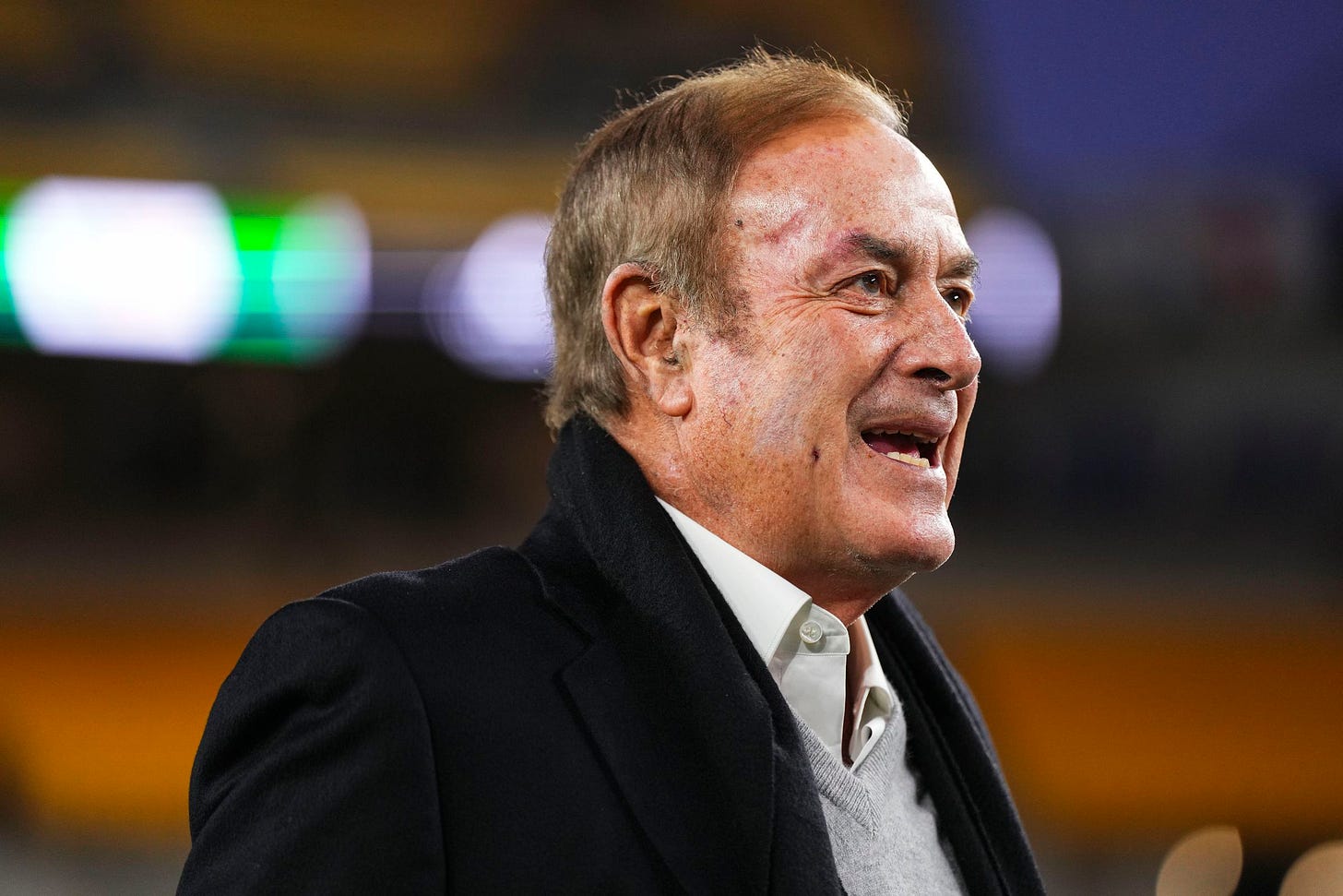Al Michaels looks on from the sideline prior to an NFL football game between the Tennessee Titans and the Pittsburgh Steelers at Acrisure Stadium on November 2nd, 2023, in Pittsburgh, Pennsylvania.