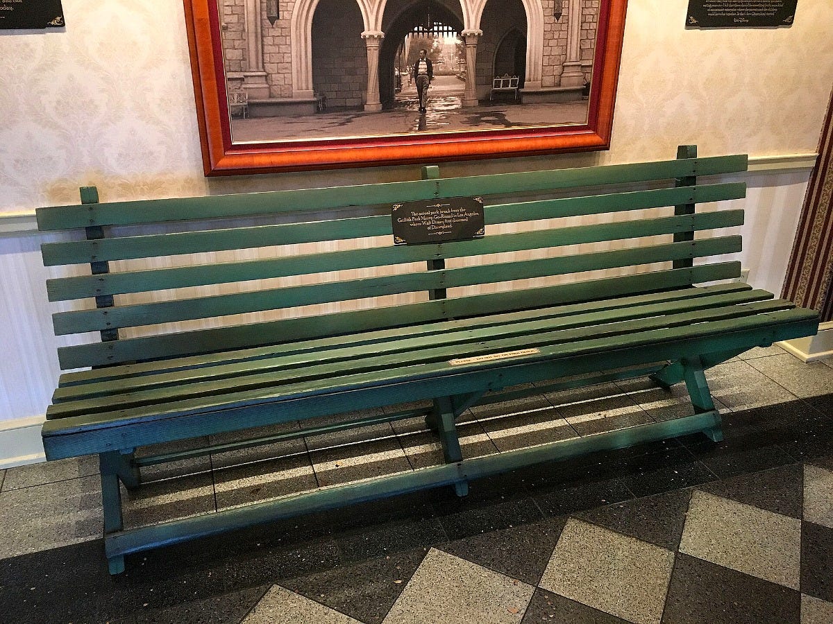 The Griffith Park bench on display in the Disneyland Opera House in 2015. Image: Sam Howzit via Wikimedia Commons