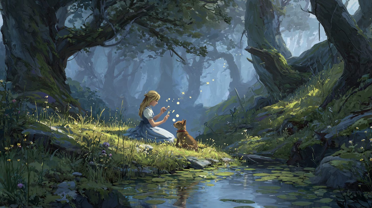 A girl who looks a lot like Alice from Wonderland is entertaining a cat with some flower pedals.