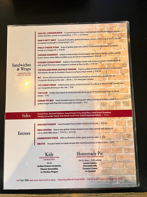 the menu from oak hill bar and grill