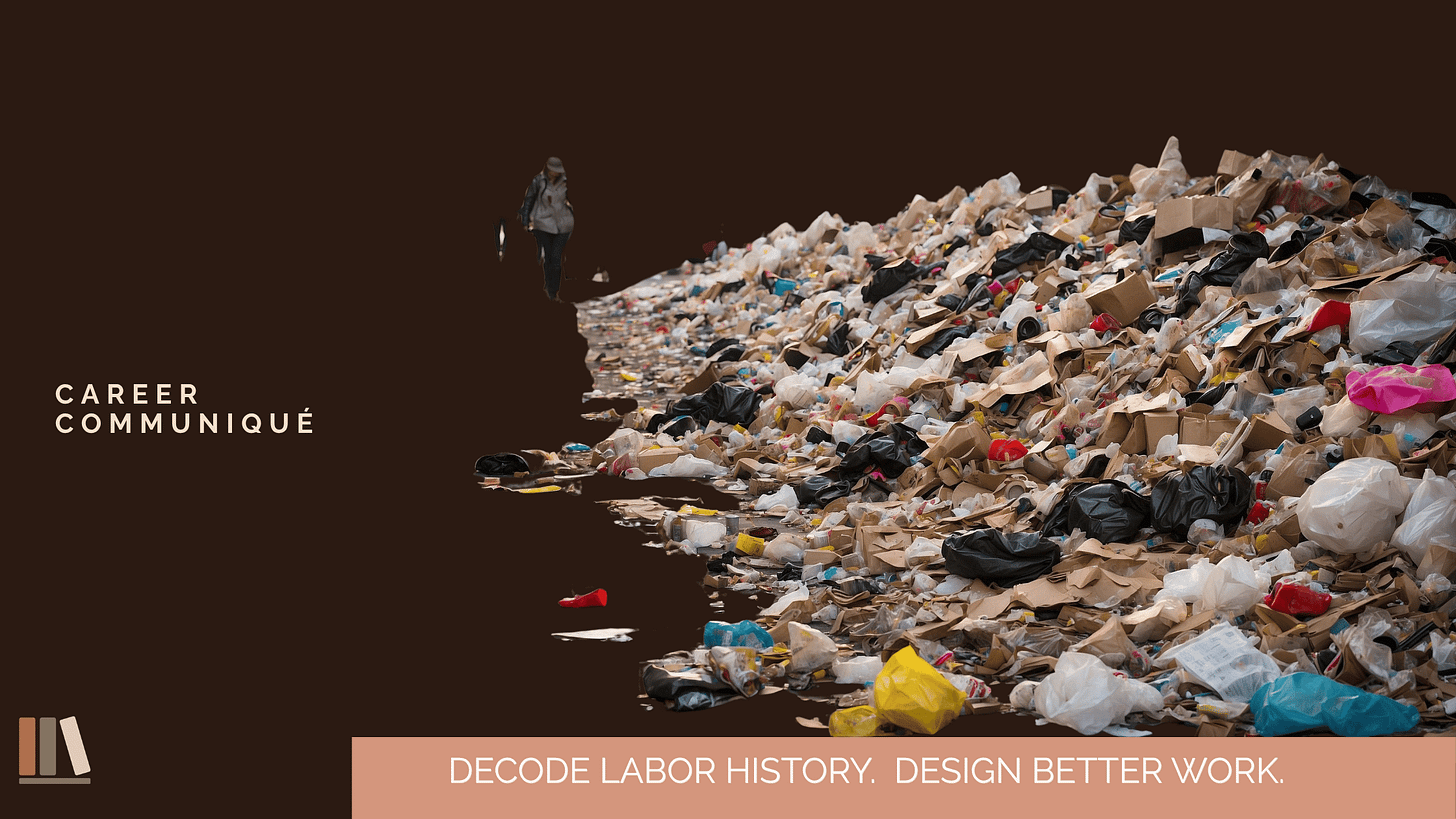 A solitary figure walks atop a vast, sprawling landscape of discarded waste, cardboard boxes, plastic bags, crushed containers, and debris stretching across the full frame. The dark brown background and the scale of the refuse dwarf the worker, emphasizing the enormity of what a single labor force is expected to manage. The left panel features "Career Communiqué" in spaced uppercase lettering with a stacked-books icon, and the bottom banner reads "Decode Labor History. Design Better Work." A solitary figure walks atop a vast, sprawling landscape of discarded waste, cardboard boxes, plastic bags, crushed containers, and debris stretching across the full frame. The dark brown background and the scale of the refuse dwarf the worker, emphasizing the enormity of what a single labor force is expected to manage. The left panel features "Career Communiqué" in spaced uppercase lettering with a stacked-books icon, and the bottom banner reads "Decode Labor History. Design Better Work."