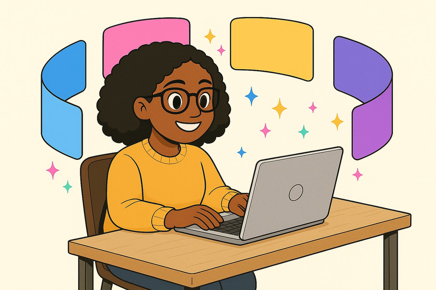 A woman in a yellow sweater and glasses, typing at a laptop with floating colorful screens around her.