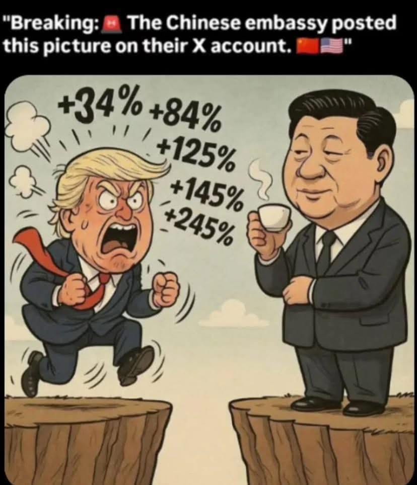 May be an image of text that says 'Breaking: The Chinese embassy posted this picture on their X account. +34% +84% +125% +145% +245%'