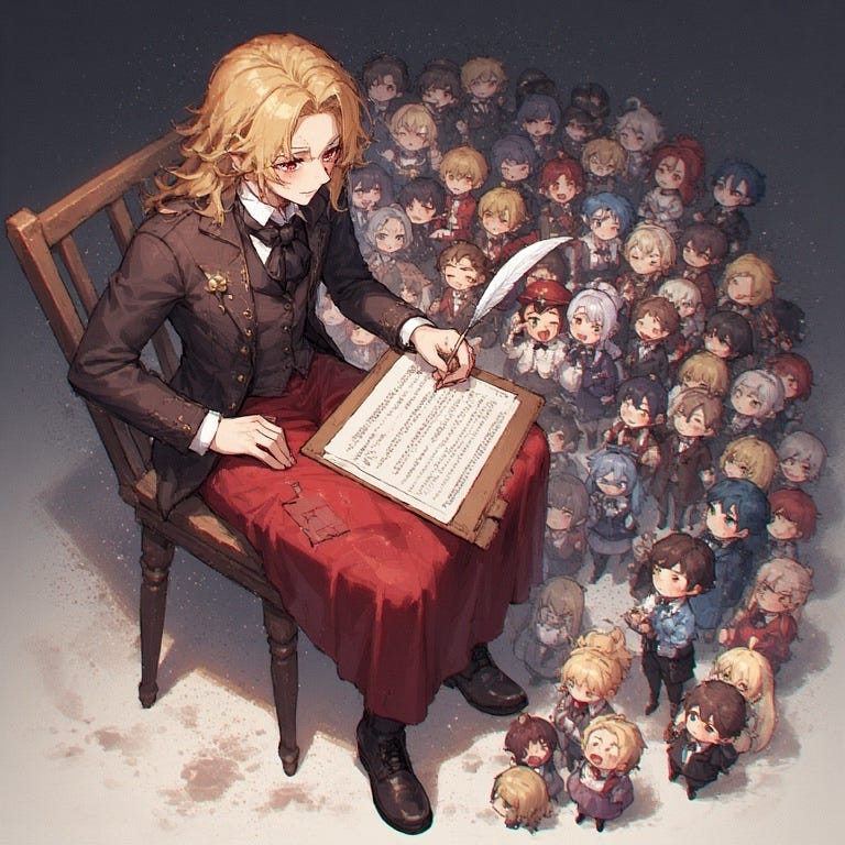 'Painted animé'-effect illustration of Victorian-styled author with long auburn hair, smartly dressed, and wielding a quill to write left-handed. Surrounding them are lots of small people, denoting the author's imagined characters.