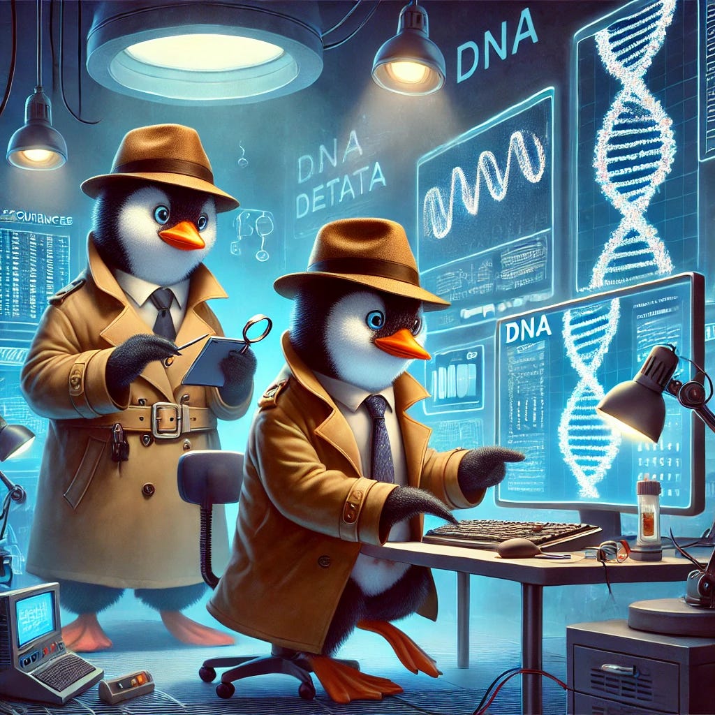 A whimsical scene depicting police detectives, who are anthropomorphic penguins, stealthily stealing DNA data. The setting is a high-tech laboratory filled with futuristic gadgets and computers. The penguin detectives are dressed in classic detective attire, such as trench coats and fedoras, and are using advanced tools to extract DNA sequences from a secured database. The atmosphere is tense, with glowing screens and digital maps in the background, highlighting the clandestine operation.