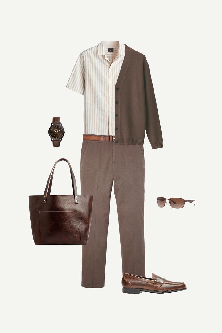Business casual summer outfit for men with a striped short-sleeve linen-blend shirt, MUJI cardigan, dark brown Bonobos pants, and Rockport loafers—styled with a leather tote, Fossil watch and belt, and brown Ray-Ban sunglasses.