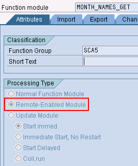 Function Module attributes. Remote-Enabled Module activated.