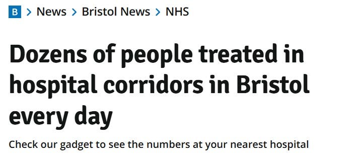 Bristol Live headline: "Dozens of people treated in hospital corridors in Bristol every day," above a subhead directing readers to a hospital gadget. www.thealmightygob.com Bristol Live headline: "Dozens of people treated in hospital corridors in Bristol every day," above a subhead directing readers to a hospital gadget. www.thealmightygob.com