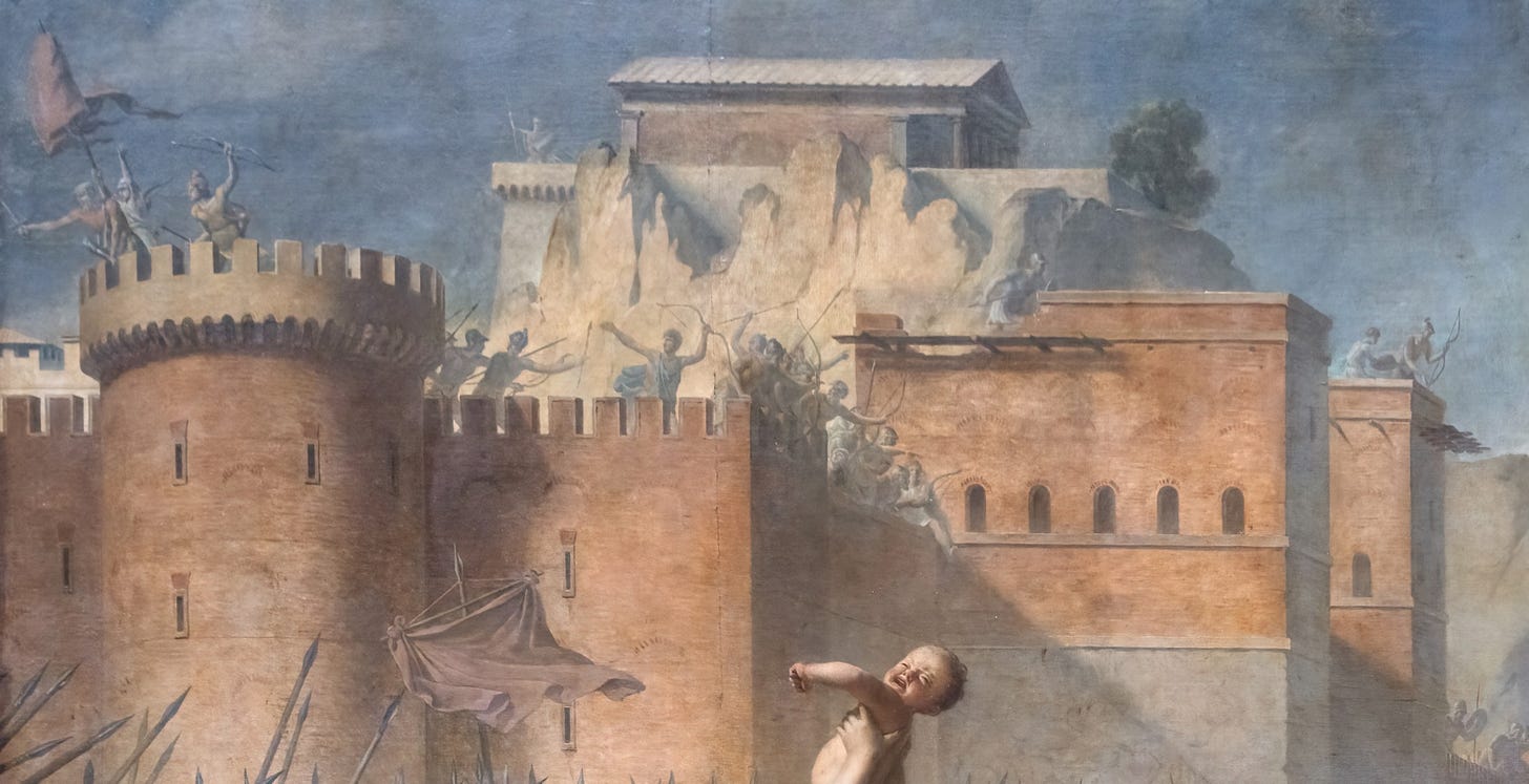 Jacques Louis David, The Intervention of the Sabine Women, 1799, Louvre, Paris. Detail: the citadel on the Capitoline Hill. Jacques Louis David, The Intervention of the Sabine Women, 1799, Louvre, Paris. Detail: the citadel on the Capitoline Hill.
