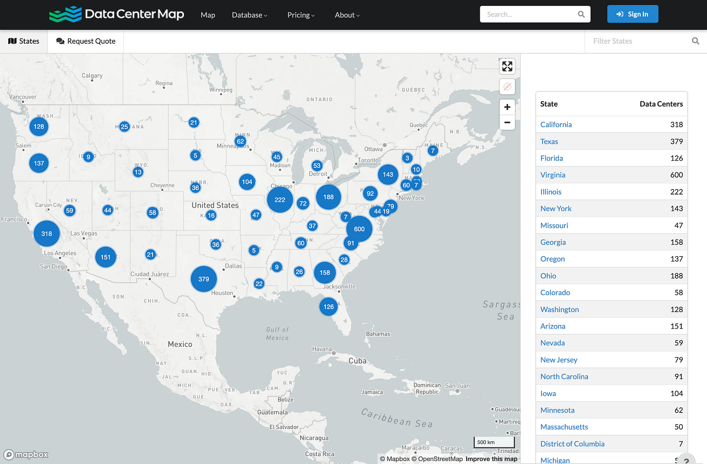 U.S. map of the thousands of data centers currently in existence