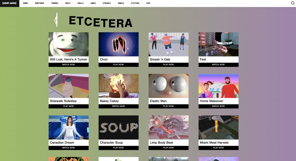 Screenshot of Adult Swim's Etcetera page.