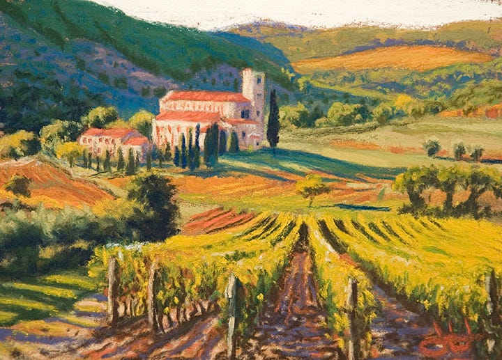 pastel painting of Sant'Antimo Abbey, Tuscany, Italy, by John Hulsey
