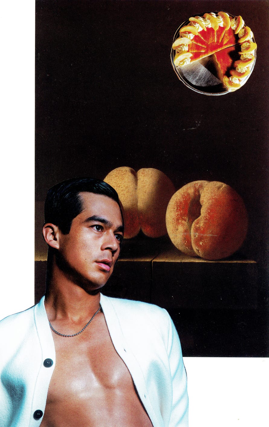 A Man Gazing Longingly at a peach with a peach pie hanging in the sky