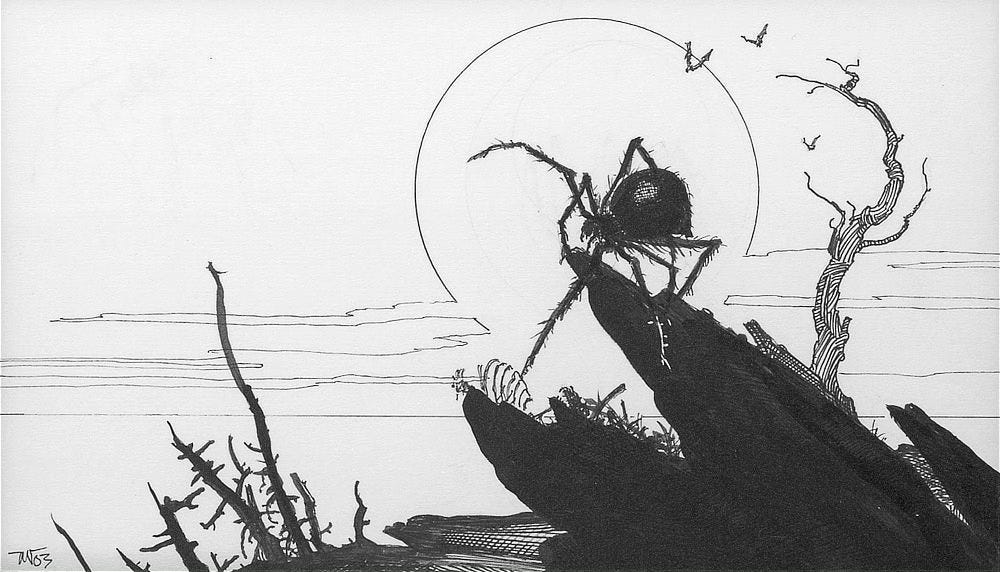 ON THE TRAIL OF WHITE DADDY, Ink - 9” x 5 ¼”, features a furry spider on a rock outcrop extending a leg down to poke at the skeletal remains of a human rib cage. Mordred in spider form is framed by the outline of the full moon intersected by bands of clouds. ON THE TRAIL OF WHITE DADDY, Ink - 9” x 5 ¼”, features a furry spider on a rock outcrop extending a leg down to poke at the skeletal remains of a human rib cage. Mordred in spider form is framed by the outline of the full moon intersected by bands of clouds.