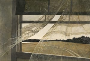 Torn lace curtain lifting in a bare attic window Torn lace curtain lifting in a bare attic window