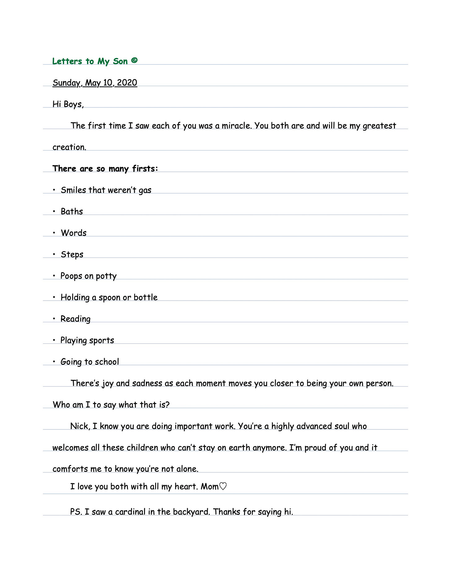 Letters to my son on lined paper