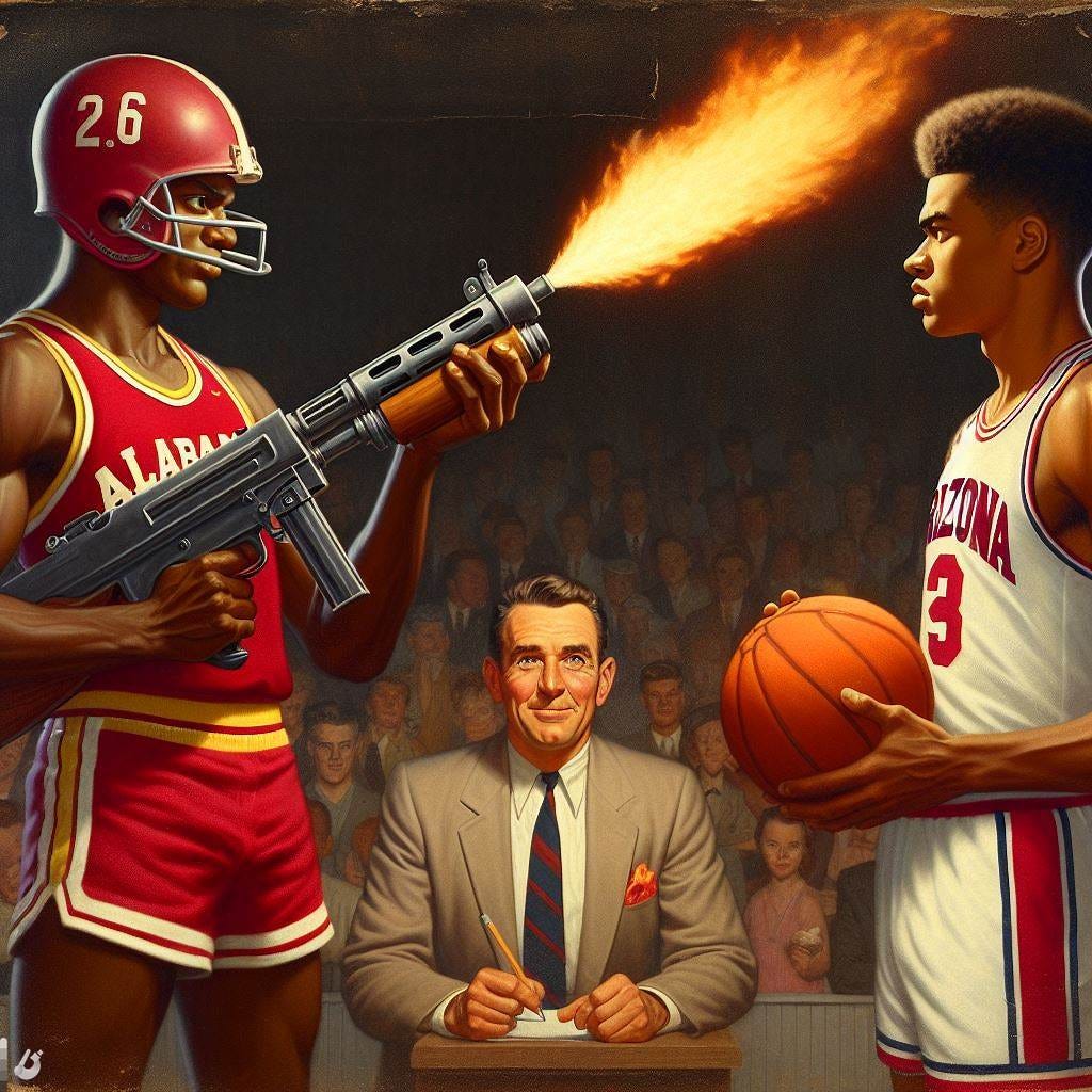 An Alabama basketball player with a flamethrower staring down an Arizona basketball player with a flamethrower, in the style of Norman Rockwell An Alabama basketball player with a flamethrower staring down an Arizona basketball player with a flamethrower, in the style of Norman Rockwell