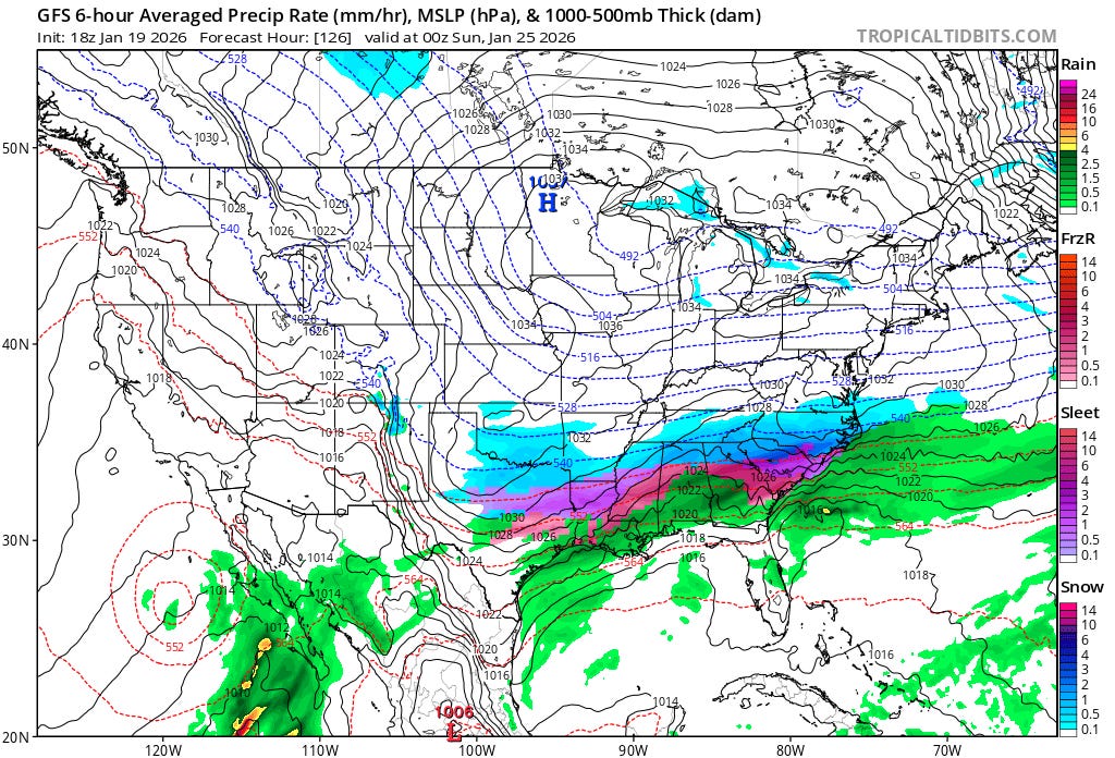 Model output from Monday, January 19th, 2026, from the Global Forecast System (GFS), a comprehensive numerical weather prediction model run four times daily by the U.S. National Weather Service (NWS). The model was predicting an intense snow and ice storma cross the southern US at the time. Later, the storm corrected northward. 