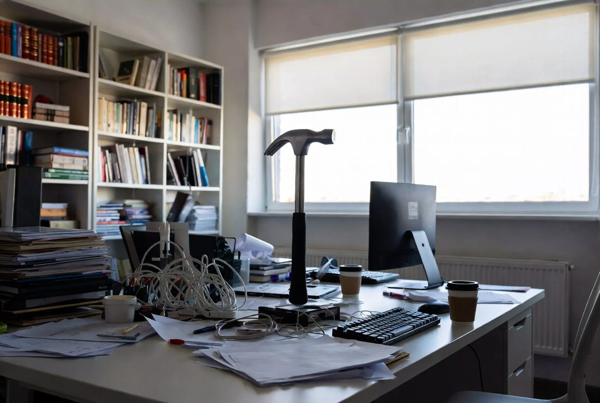 A photograph of a modern office with a cluttered desk, featuring a hammer as the focal point.