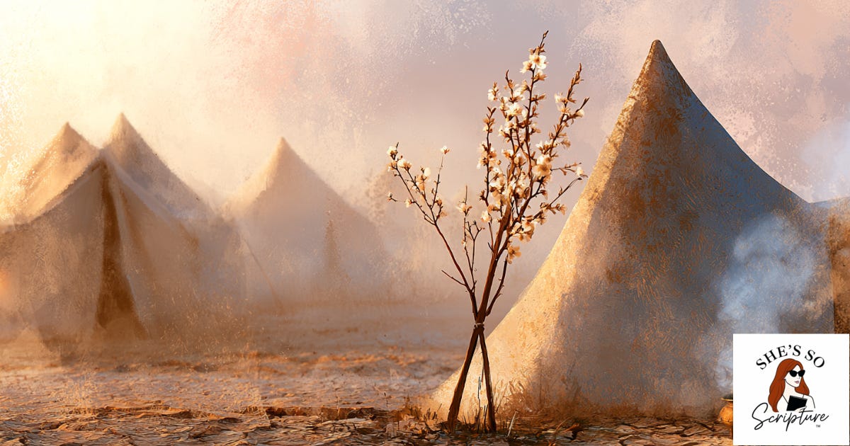 Illustrated desert encampment at dusk with cracked earth, an almond-blossomed staff, and rising censer smoke, in deep plum and gold watercolor tones. Illustrated desert encampment at dusk with cracked earth, an almond-blossomed staff, and rising censer smoke, in deep plum and gold watercolor tones.
