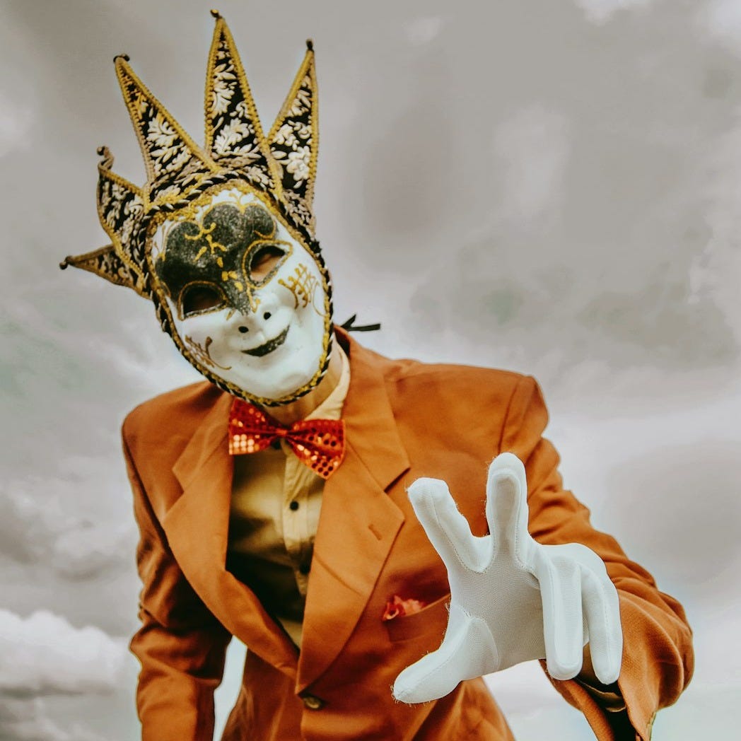 man wearing mask with cane