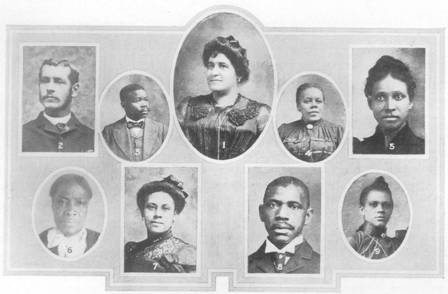 Nine headshots of all Black people, mostly women, with the largest at top middle. Led by Maggie Walker, this was the Executive Board of the Independent Order of St. Luke, a 100,000 member fraternity advancing economic development, social security and civil rights.